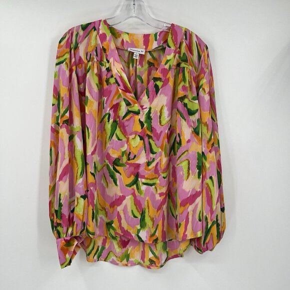 Veronic M V-Neck Multicolor Politan Spring Blouse Size Large Flowy Preppy - Picture 2 of 7